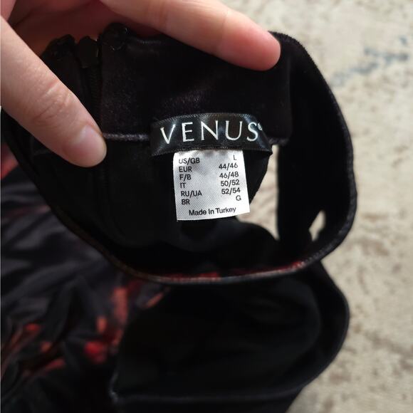 Venus Black Red/Orange Floral Velvet Halter Midi Dress Women Size L V-Ncck - Picture 3 of 6